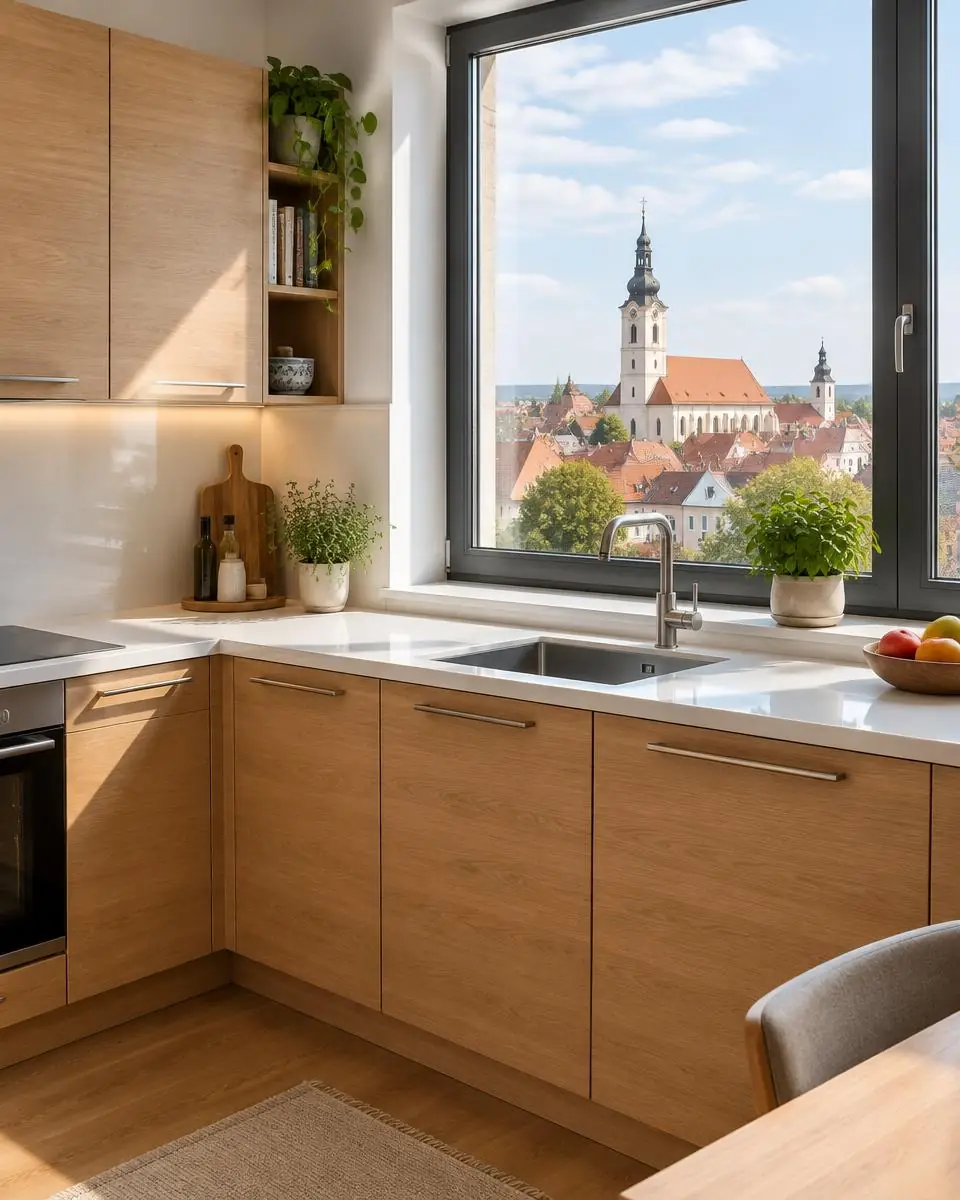 Světlá kuchyň s dřevěnými skříňkami a výhledem na kostel v Uherském Hradišti