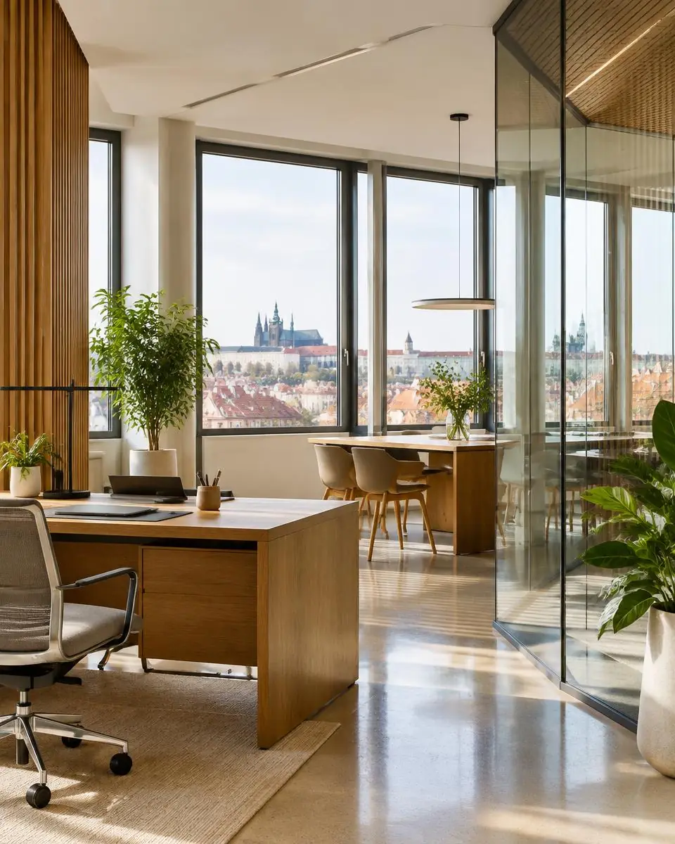 Světlá moderní kancelář s výhledem na Pražský hrad